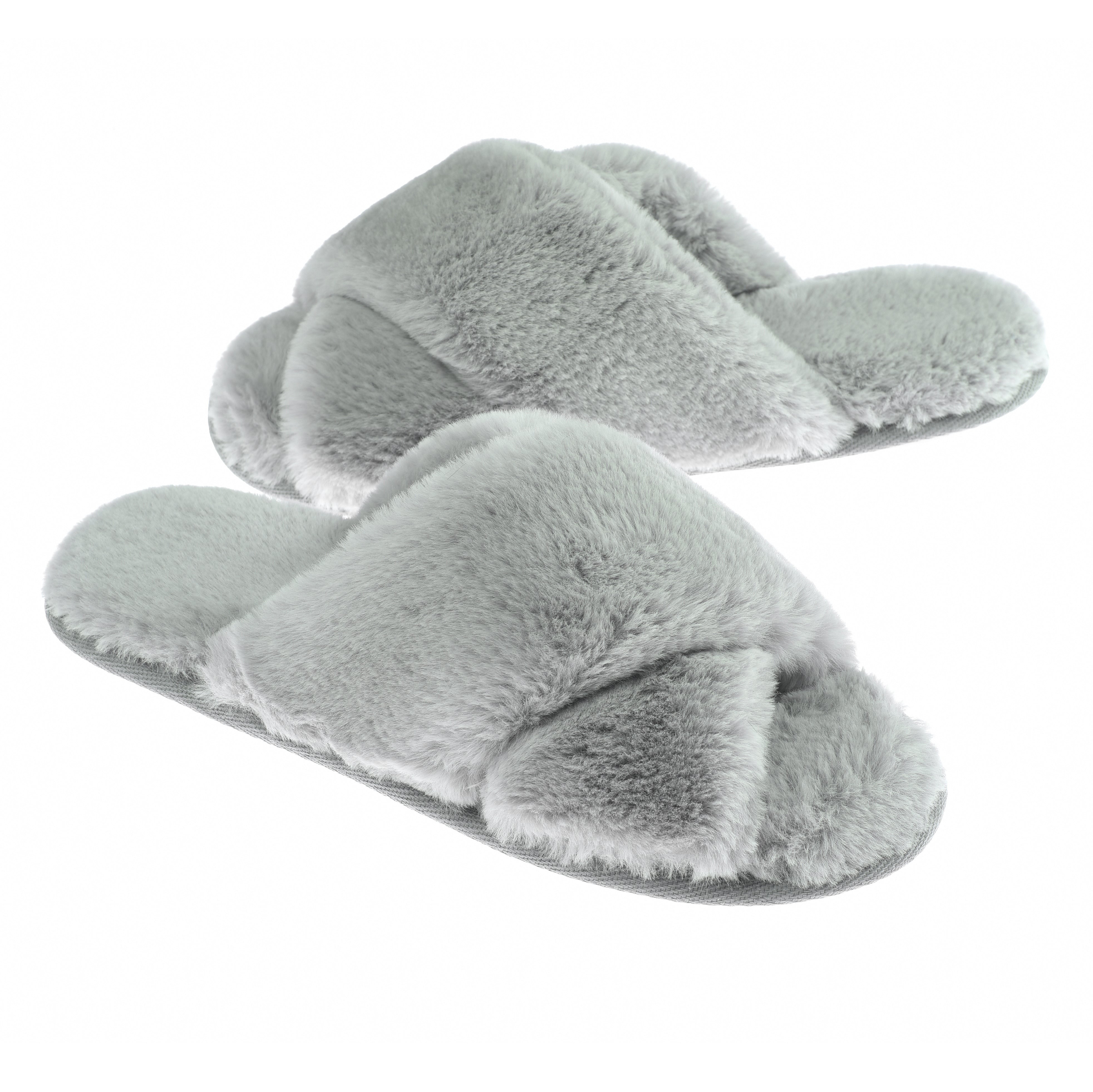 Open Toe Fuzzy Slippers for Women, Grey Plain House Shoes Home Sandals  Slides Comfy Anti-Slip